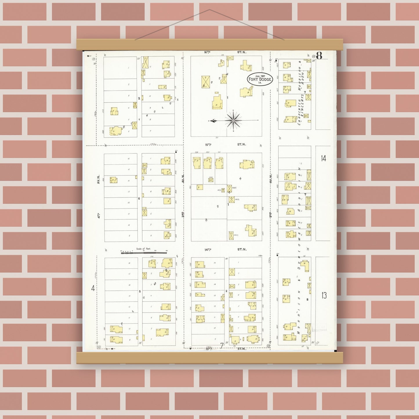 Old map wall art mockup — magnetic wood frame on brick wall — Sanborn Fire Insurance Map from Fort Dodge, Webster County, Iowa (1907), Sheet #0008