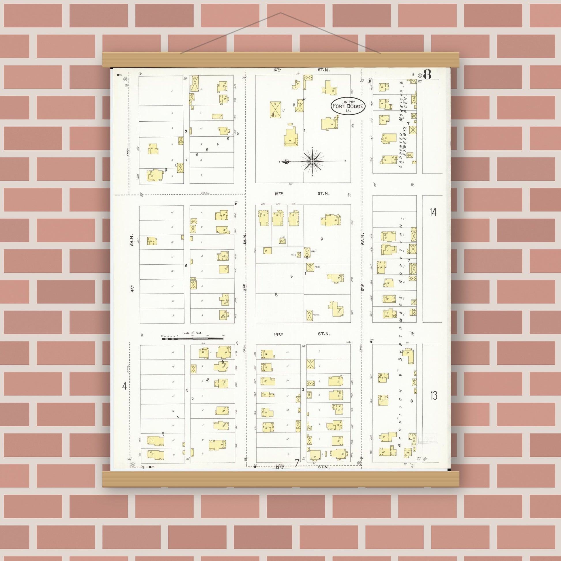 Old map wall art mockup — magnetic wood frame on brick wall — Sanborn Fire Insurance Map from Fort Dodge, Webster County, Iowa (1907), Sheet #0008