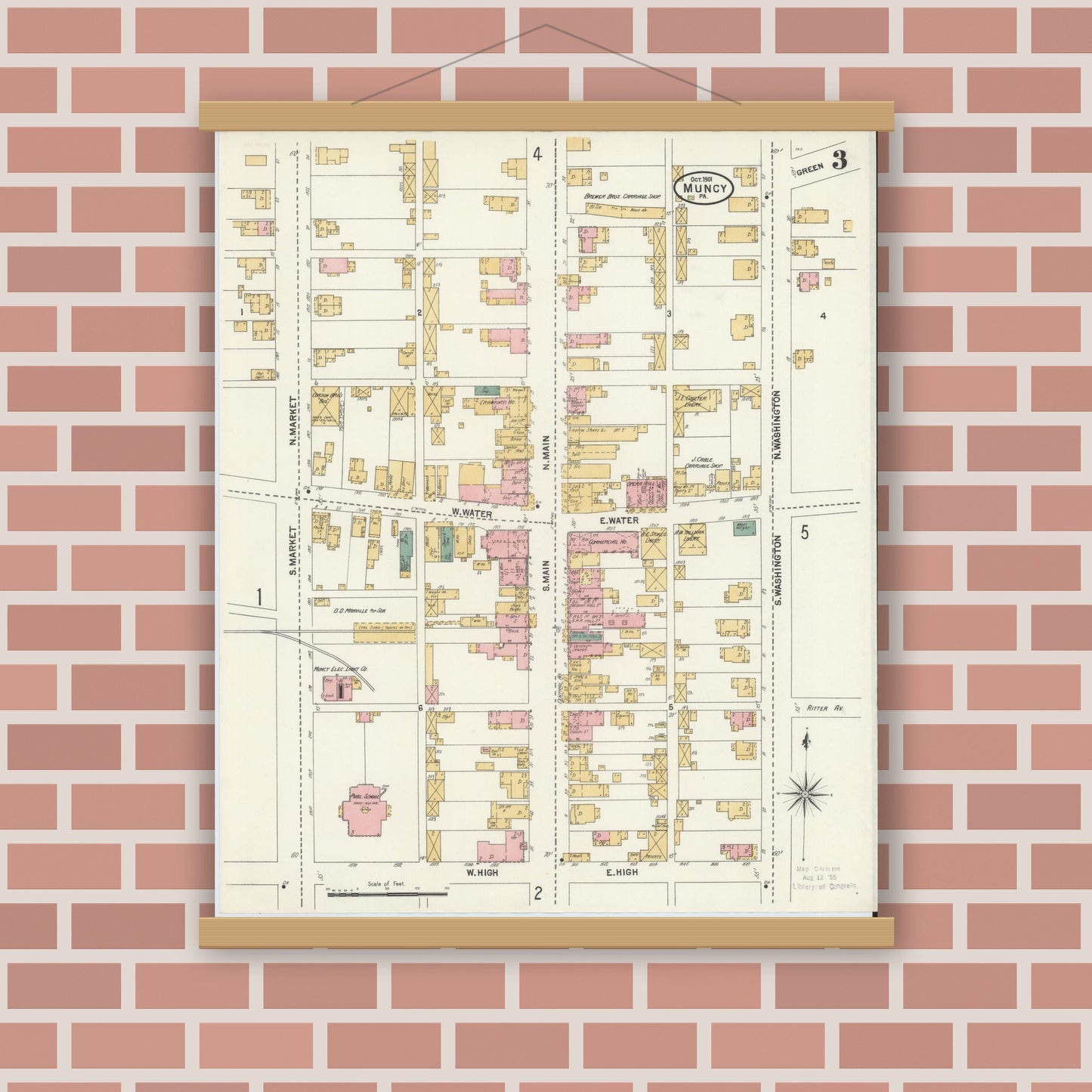 Old map wall art mockup — magnetic wood frame on brick wall — Sanborn Fire Insurance Map from Muncy, Lycoming County, Pennsylvania (1901), Sheet #0003