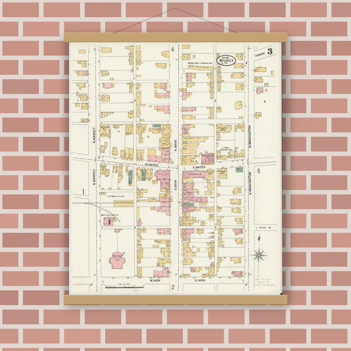 Old map wall art mockup — magnetic wood frame on brick wall — Sanborn Fire Insurance Map from Muncy, Lycoming County, Pennsylvania (1901), Sheet #0003