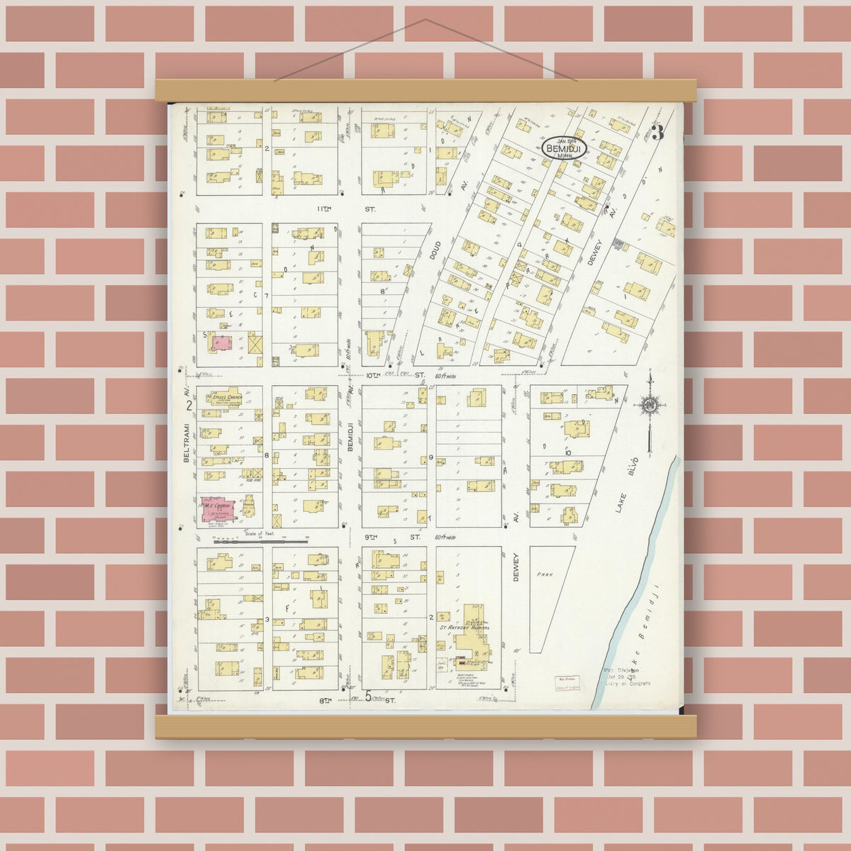 Old map wall art mockup — magnetic wood frame on brick wall — Sanborn Fire Insurance Map from Bemidji, Beltrami County, Minnesota (1914), Sheet #0003