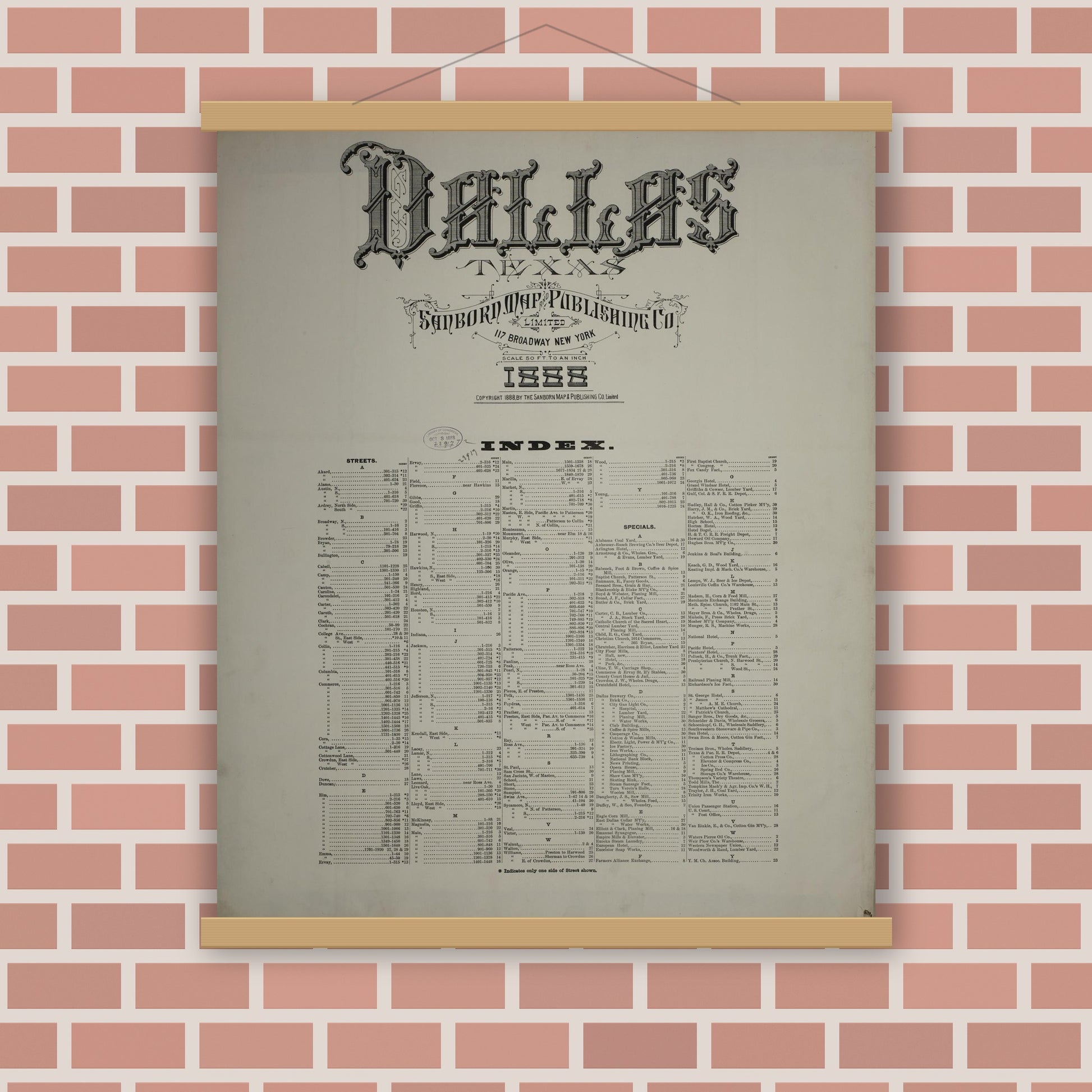 Old map wall art mockup — magnetic wood frame on brick wall — Sanborn Fire Insurance Map from Dallas, Dallas County, Texas (1888), Sheet #0001