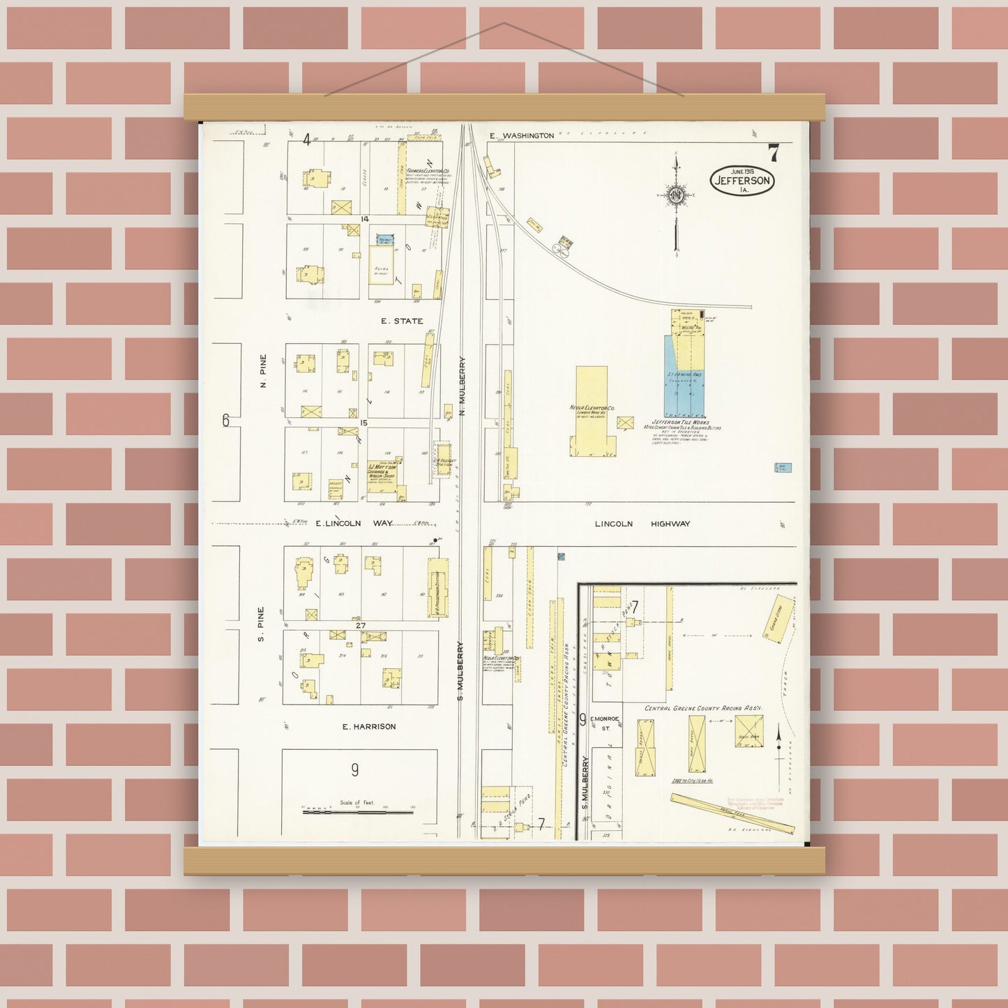 Old map wall art mockup — magnetic wood frame on brick wall — Sanborn Fire Insurance Map from Jefferson, Greene County, Iowa (1915), Sheet #0007