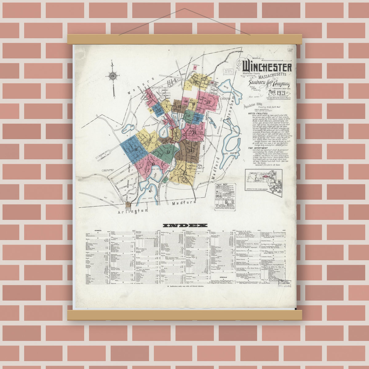 Old map wall art mockup — magnetic wood frame on brick wall — Sanborn Fire Insurance Map from Winchester, Middlesex County, Massachusetts (1921), Sheet #0001