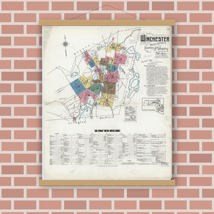 Old map wall art mockup — magnetic wood frame on brick wall — Sanborn Fire Insurance Map from Winchester, Middlesex County, Massachusetts (1921), Sheet #0001