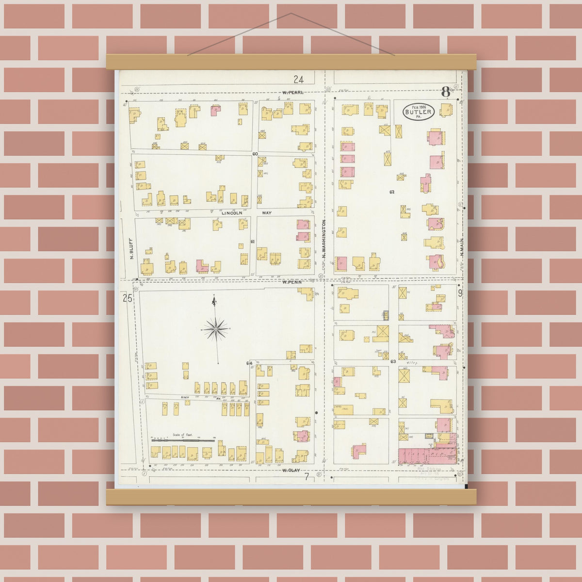 Old map wall art mockup — magnetic wood frame on brick wall — Sanborn Fire Insurance Map from Butler, Butler County, Pennsylvania (1906), Sheet #0008