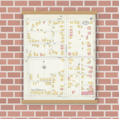 Old map wall art mockup — magnetic wood frame on brick wall — Sanborn Fire Insurance Map from Butler, Butler County, Pennsylvania (1906), Sheet #0008