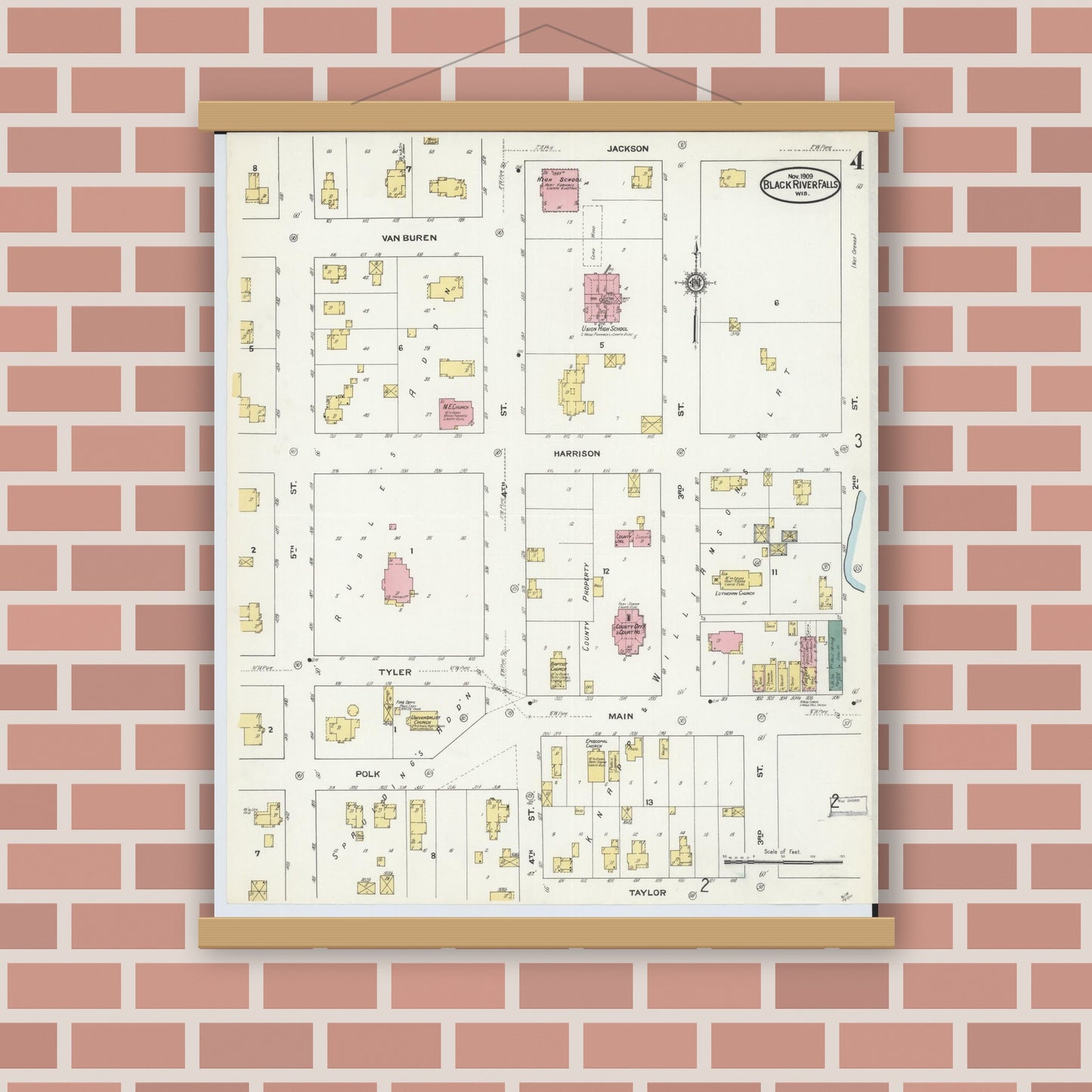 Old map wall art mockup — magnetic wood frame on brick wall — Sanborn Fire Insurance Map from Black River Falls, Jackson County, Wisconsin (1909), Sheet #0004