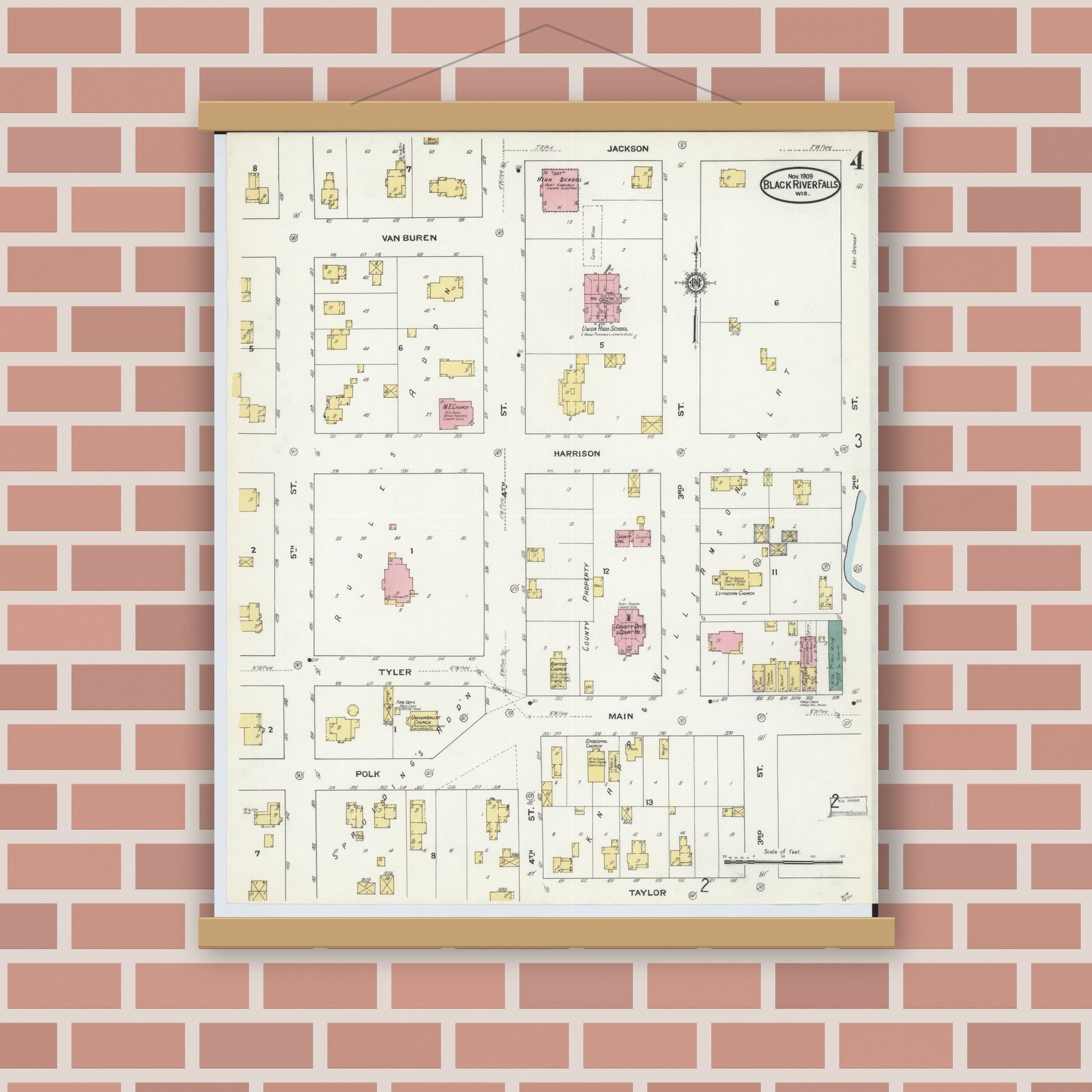 Old map wall art mockup — magnetic wood frame on brick wall — Sanborn Fire Insurance Map from Black River Falls, Jackson County, Wisconsin (1909), Sheet #0004