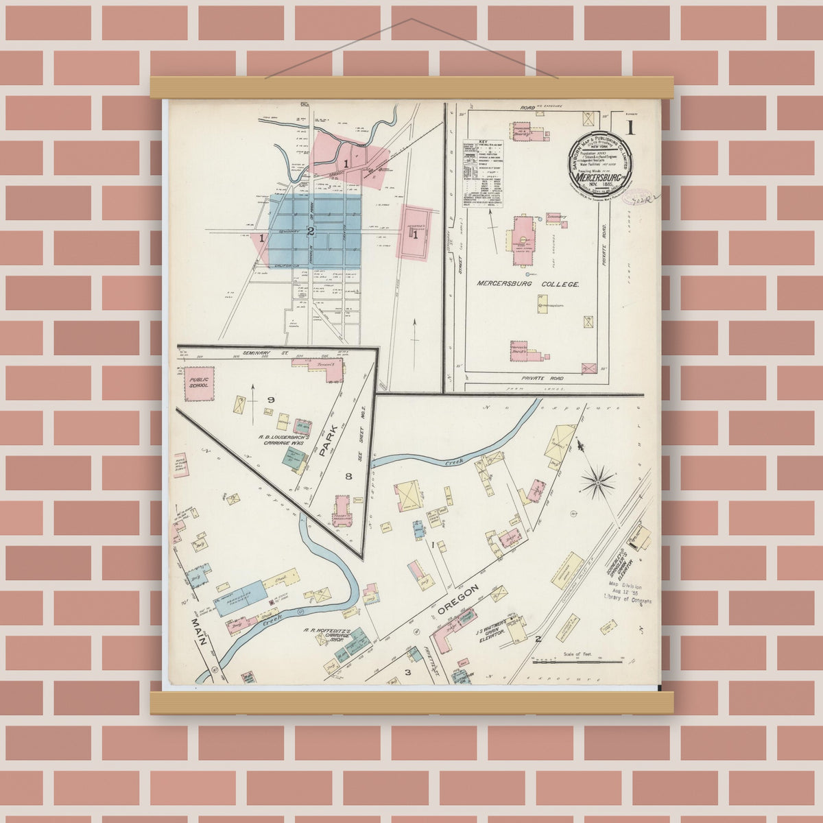 Old map wall art mockup — magnetic wood frame on brick wall — Sanborn Fire Insurance Map from Mercersburg, Franklin County, Pennsylvania (1885) - Complete Map Set