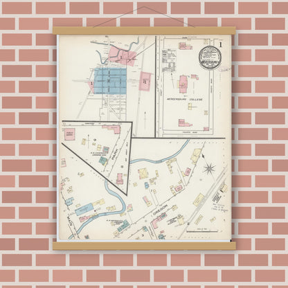 Old map wall art mockup — magnetic wood frame on brick wall — Sanborn Fire Insurance Map from Mercersburg, Franklin County, Pennsylvania (1885) - Complete Map Set