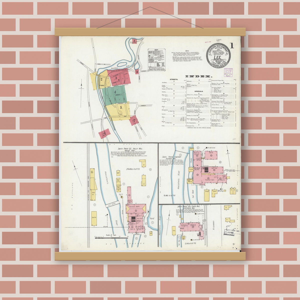 Old map wall art mockup — magnetic wood frame on brick wall — Sanborn Fire Insurance Map from Lee, Berkshire County, Massachusetts (1905) - Complete Map Set