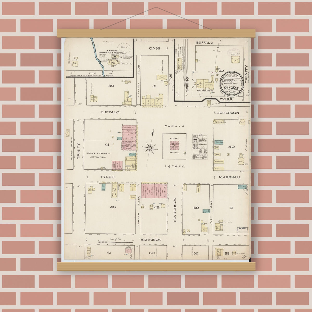 Old map wall art mockup — magnetic wood frame on brick wall — Sanborn Fire Insurance Map from Gilmer, Upshur County, Texas (1885), Sheet #0001