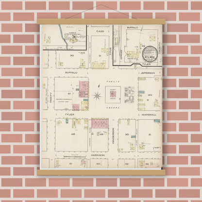 Old map wall art mockup — magnetic wood frame on brick wall — Sanborn Fire Insurance Map from Gilmer, Upshur County, Texas (1885), Sheet #0001
