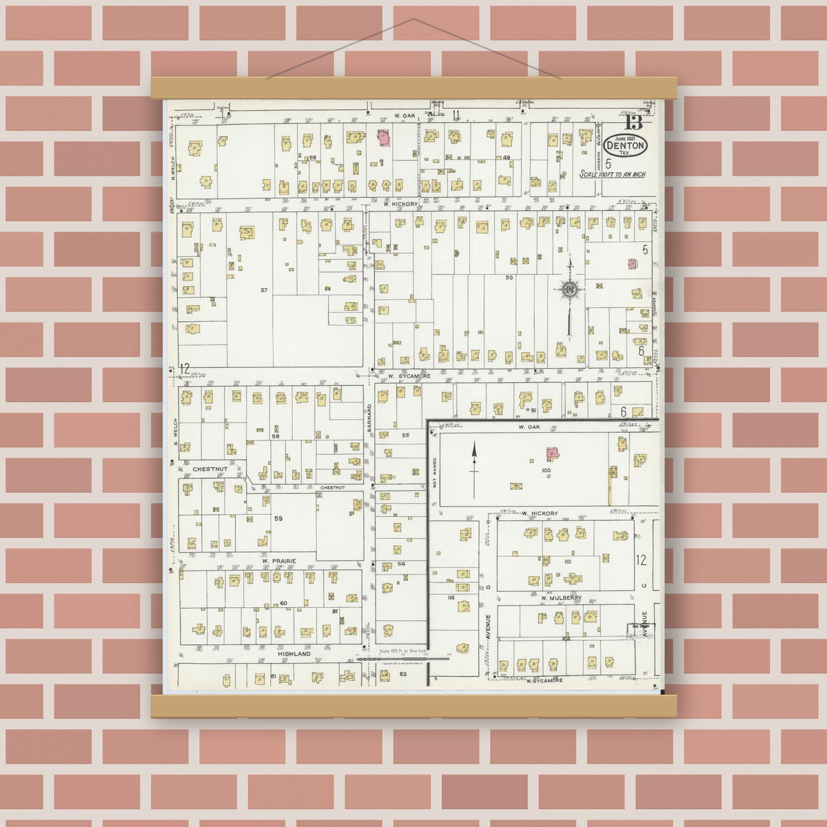 Old map wall art mockup — magnetic wood frame on brick wall — Sanborn Fire Insurance Map from Denton, Denton County, Texas (1921), Sheet #0013