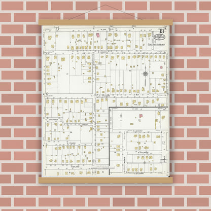 Old map wall art mockup — magnetic wood frame on brick wall — Sanborn Fire Insurance Map from Denton, Denton County, Texas (1921), Sheet #0013