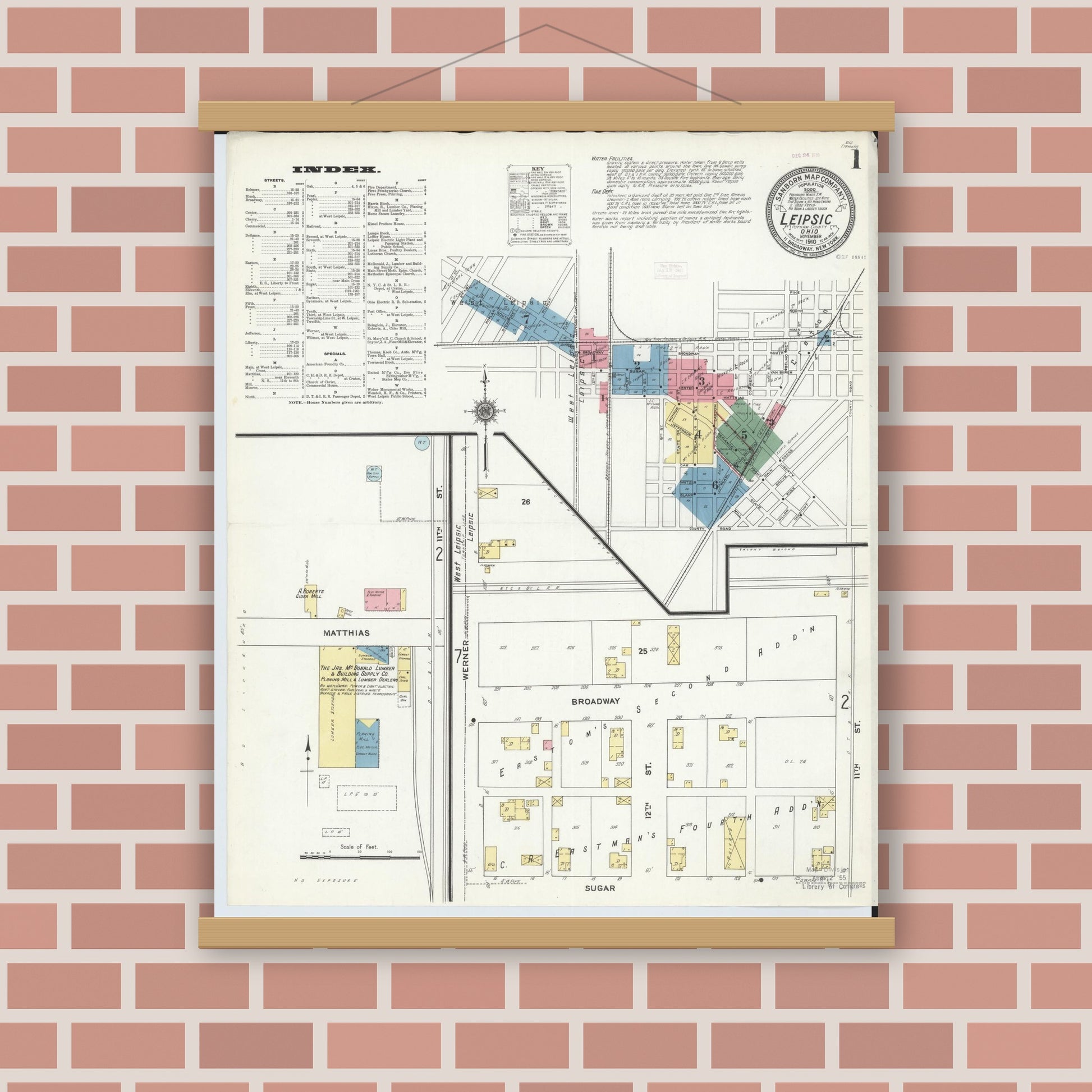 Old map wall art mockup — magnetic wood frame on brick wall — Sanborn Fire Insurance Map from Leipsic, Putnam County, Ohio (1910), Sheet #0001