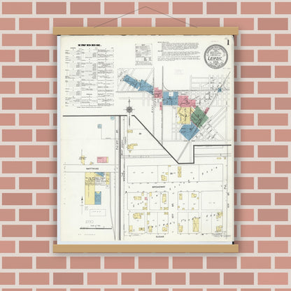 Old map wall art mockup — magnetic wood frame on brick wall — Sanborn Fire Insurance Map from Leipsic, Putnam County, Ohio (1910), Sheet #0001