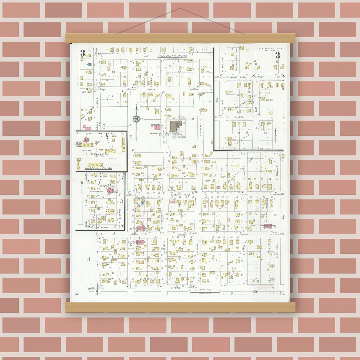 Old map wall art mockup — magnetic wood frame on brick wall — Sanborn Fire Insurance Map from Fowlerville, Livingston County, Michigan (1935), Sheet #0003
