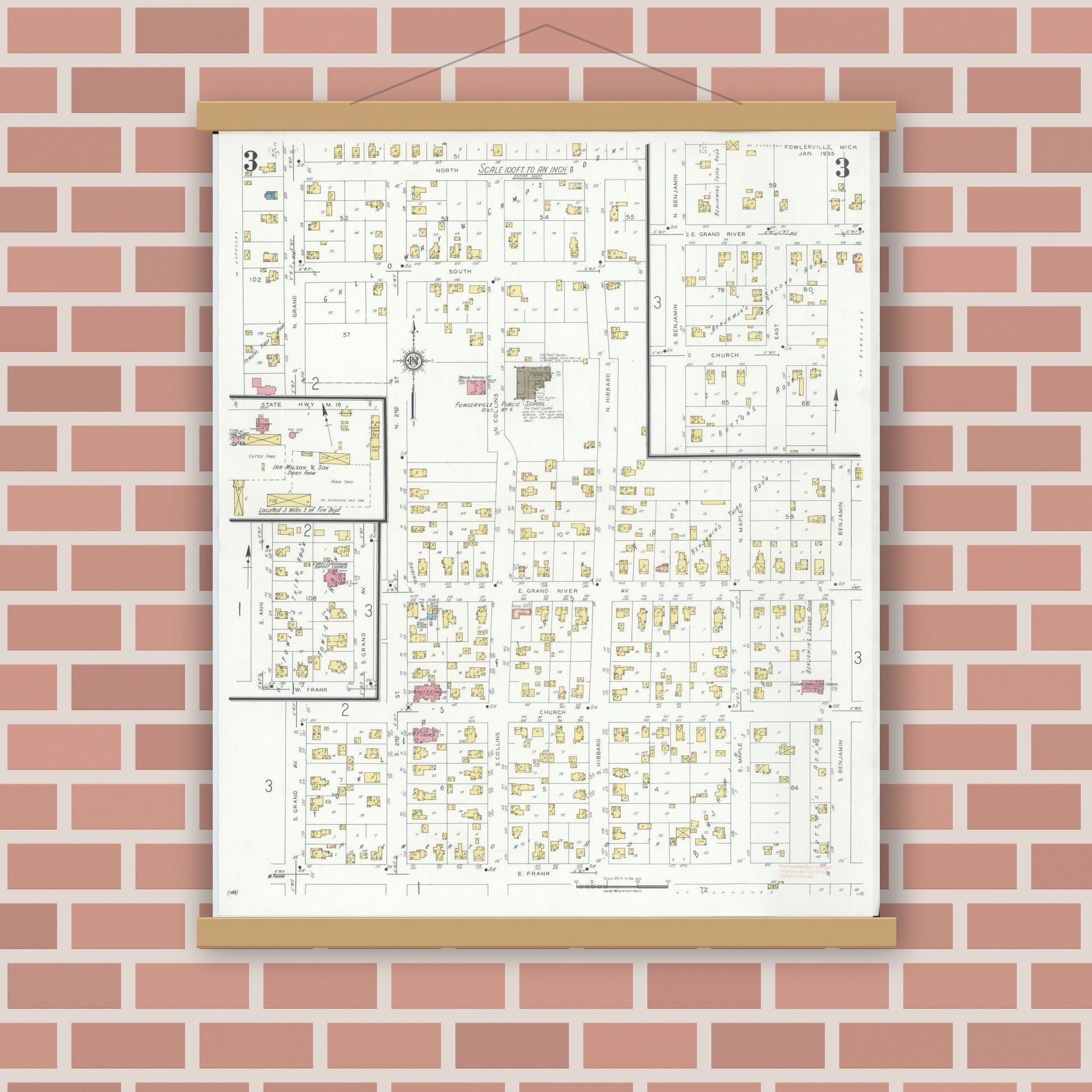 Old map wall art mockup — magnetic wood frame on brick wall — Sanborn Fire Insurance Map from Fowlerville, Livingston County, Michigan (1935), Sheet #0003