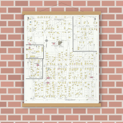 Old map wall art mockup — magnetic wood frame on brick wall — Sanborn Fire Insurance Map from Fowlerville, Livingston County, Michigan (1935), Sheet #0003
