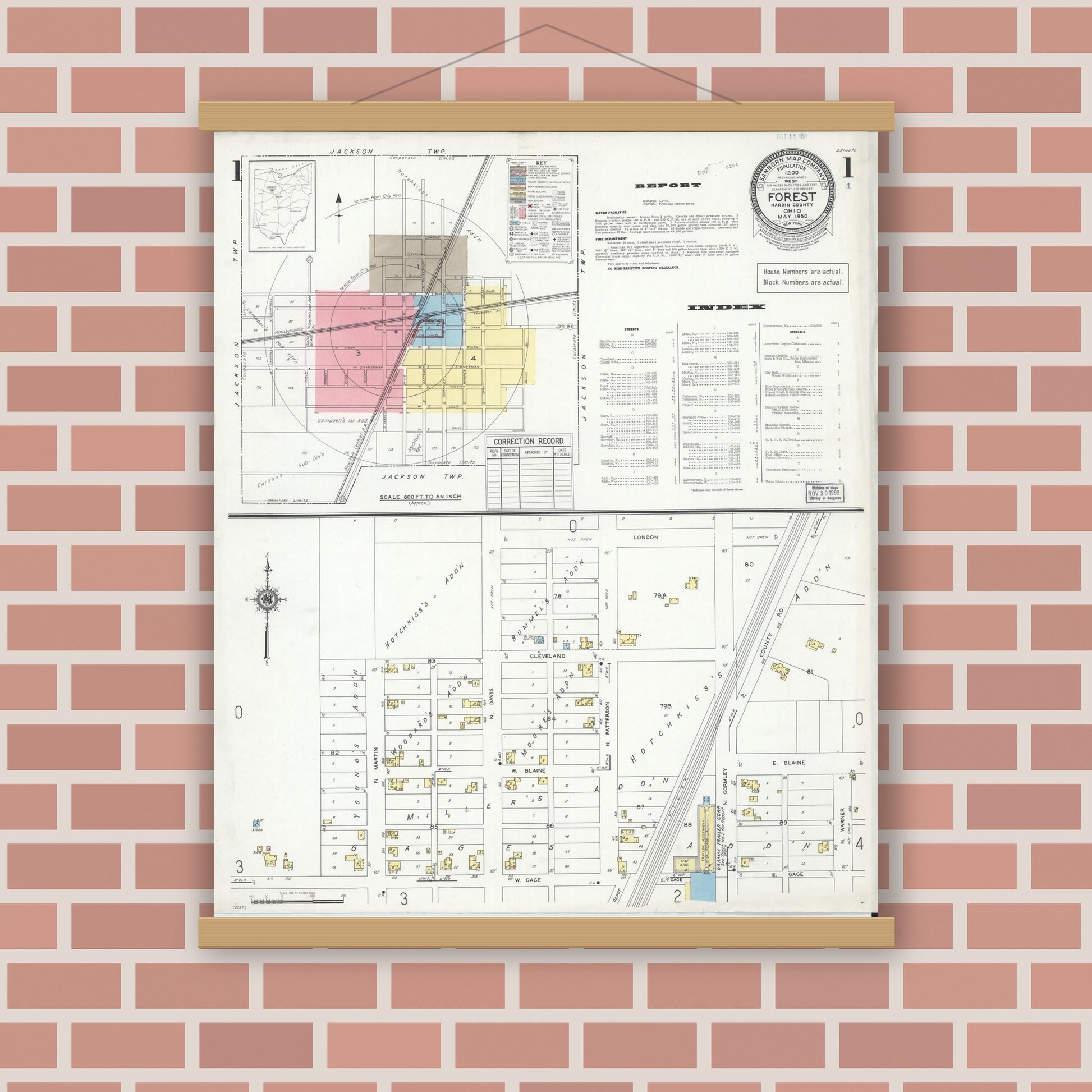 Old map wall art mockup — magnetic wood frame on brick wall — Sanborn Fire Insurance Map from Forest, Hardin County, Ohio (1950) - Complete Map Set