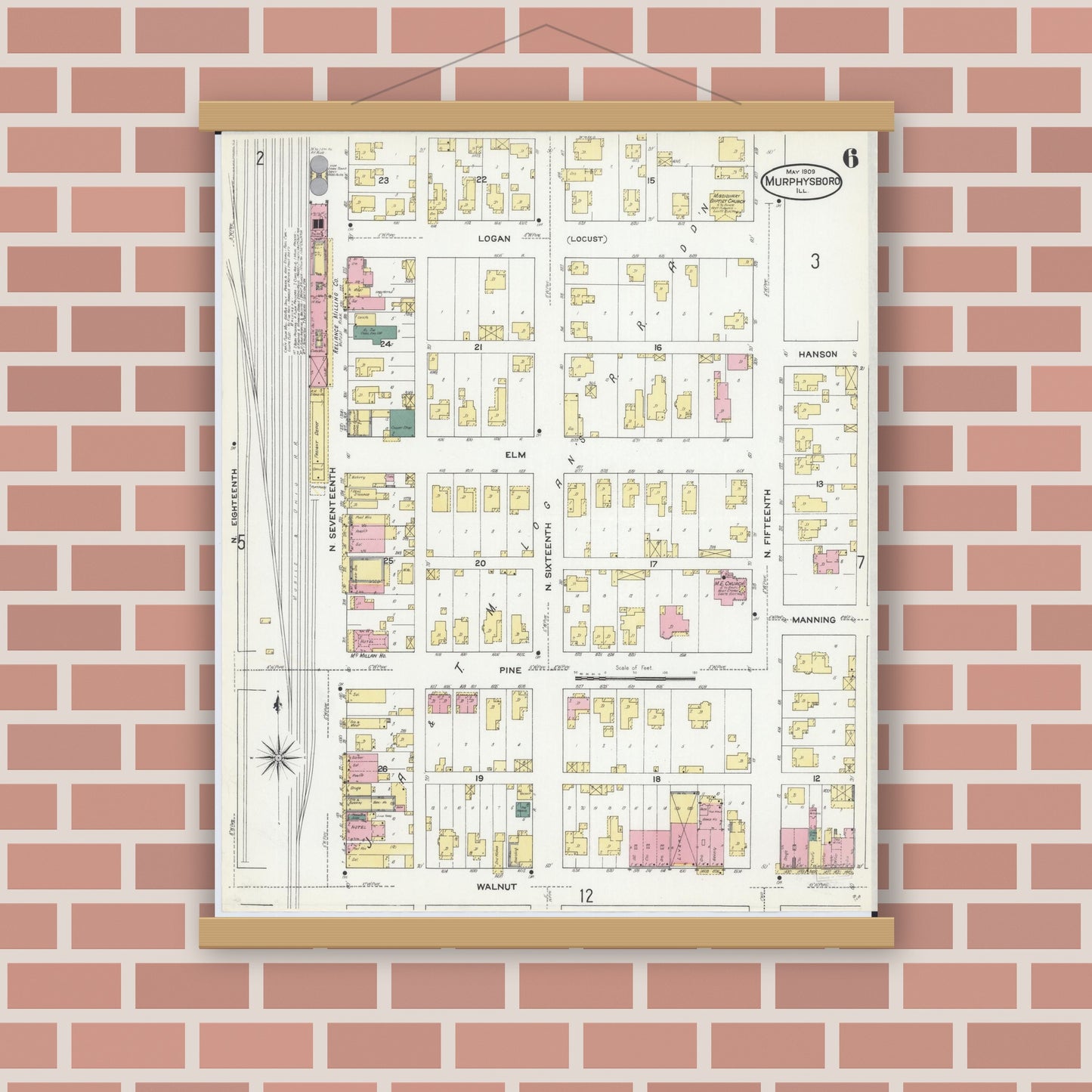 Old map wall art mockup — magnetic wood frame on brick wall — Sanborn Fire Insurance Map from Murphysboro, Jackson County, Illinois (1909), Sheet #0006