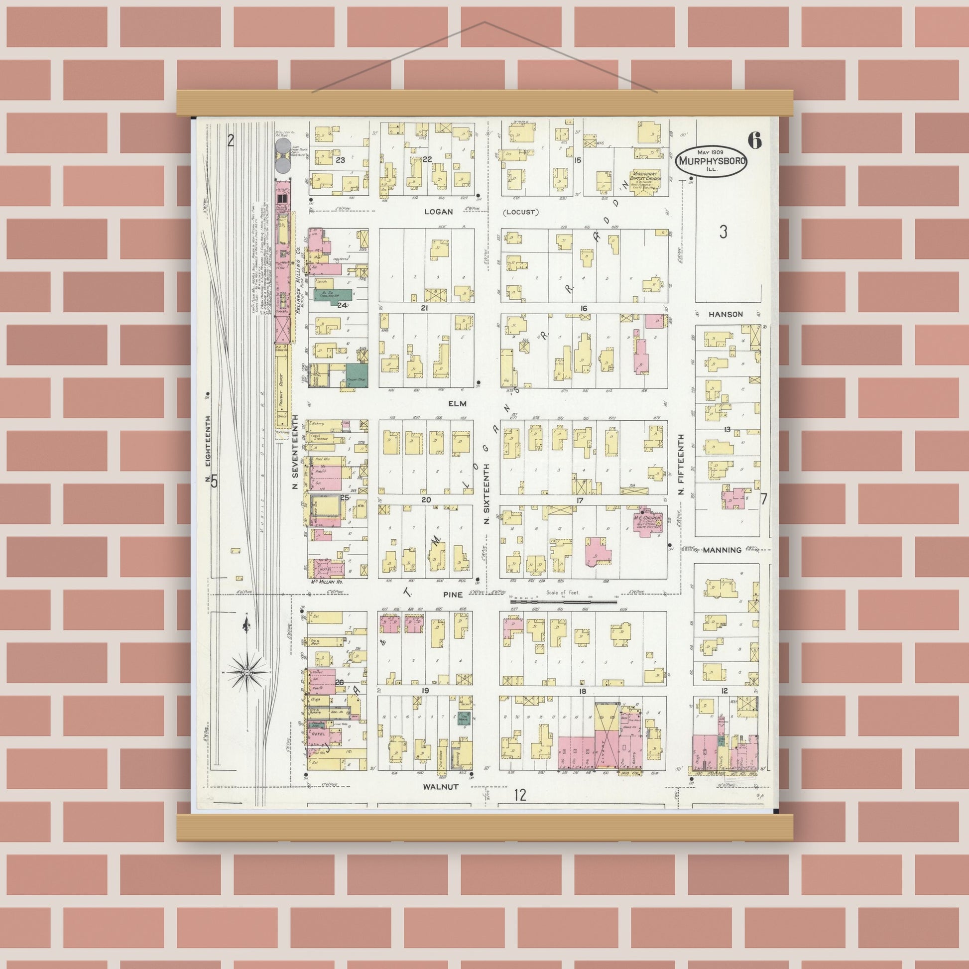 Old map wall art mockup — magnetic wood frame on brick wall — Sanborn Fire Insurance Map from Murphysboro, Jackson County, Illinois (1909), Sheet #0006