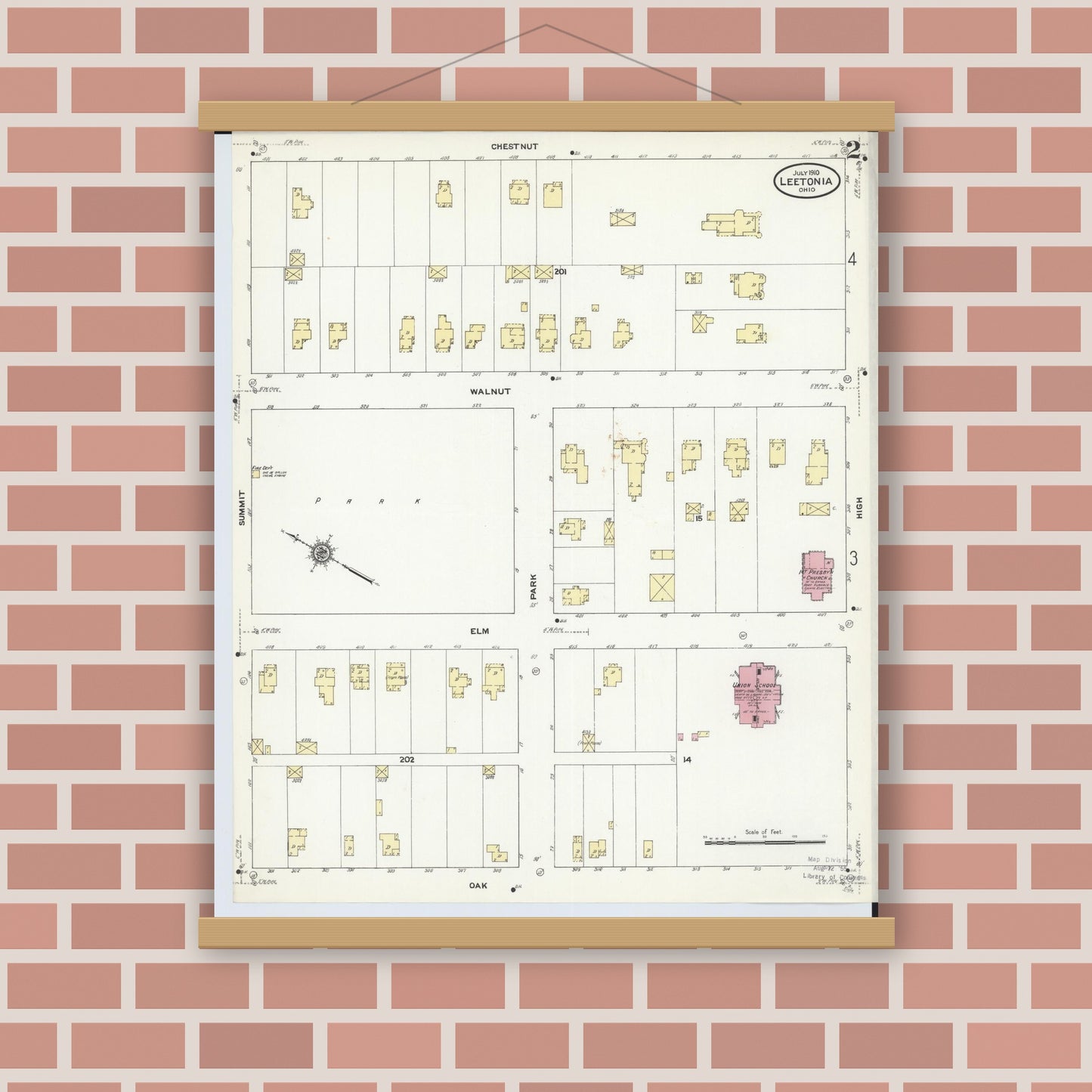 Old map wall art mockup — magnetic wood frame on brick wall — Sanborn Fire Insurance Map from Leetonia, Columbiana County, Ohio (1910), Sheet #0002