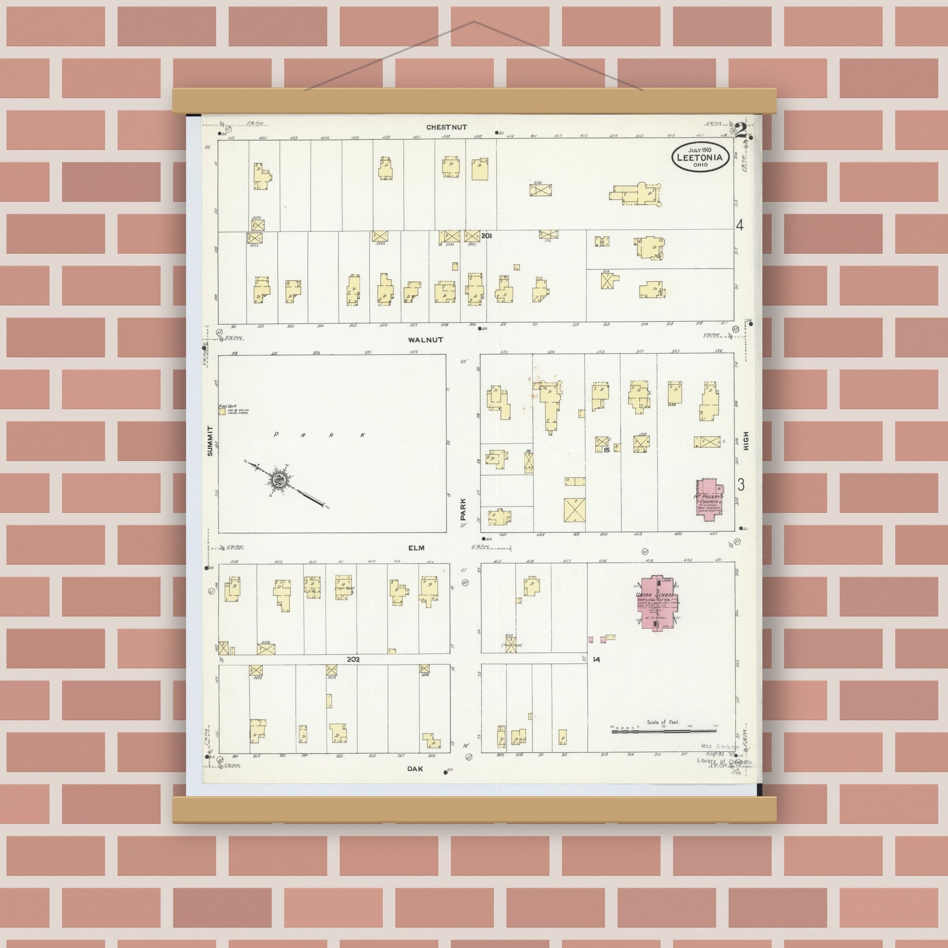 Old map wall art mockup — magnetic wood frame on brick wall — Sanborn Fire Insurance Map from Leetonia, Columbiana County, Ohio (1910), Sheet #0002
