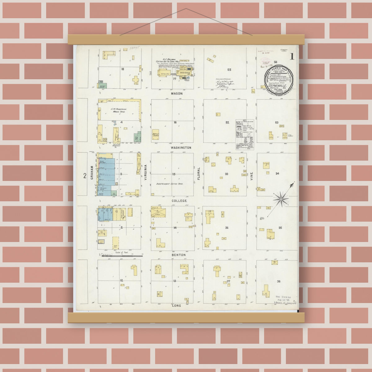 Old map wall art mockup — magnetic wood frame on brick wall — Sanborn Fire Insurance Map from Stephenville, Erath County, Texas (1896), Sheet #0001