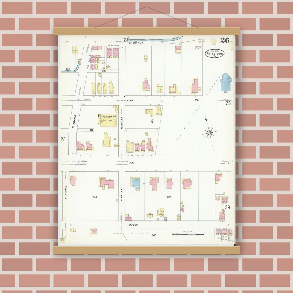 Old map wall art mockup — magnetic wood frame on brick wall — Sanborn Fire Insurance Map from Pottstown, Montgomery County, Pennsylvania (1909), Sheet #0026