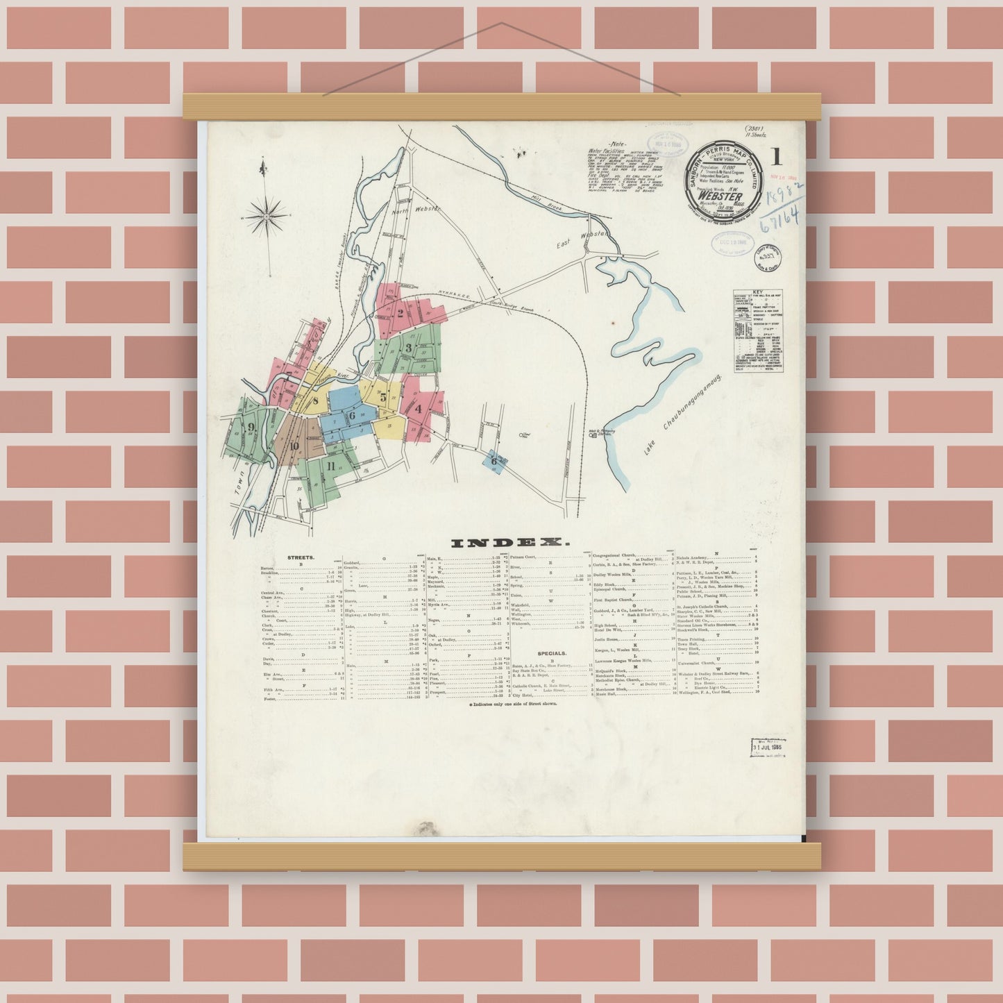 Old map wall art mockup — magnetic wood frame on brick wall — Sanborn Fire Insurance Map from Webster, Worcester County, Massachusetts (1898), Sheet #0001