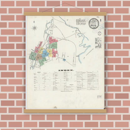Old map wall art mockup — magnetic wood frame on brick wall — Sanborn Fire Insurance Map from Webster, Worcester County, Massachusetts (1898), Sheet #0001