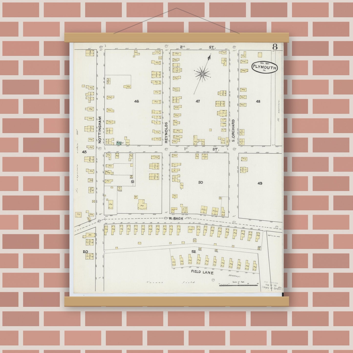 Old map wall art mockup — magnetic wood frame on brick wall — Sanborn Fire Insurance Map from Plymouth, Luzerne County, Pennsylvania (1891), Sheet #0008