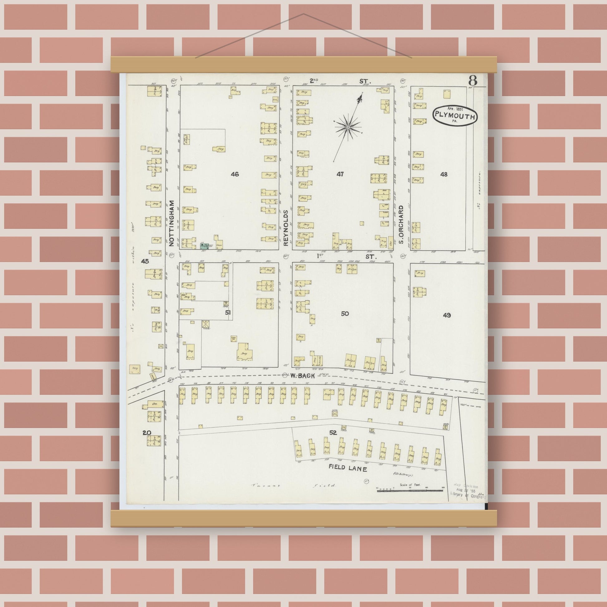 Old map wall art mockup — magnetic wood frame on brick wall — Sanborn Fire Insurance Map from Plymouth, Luzerne County, Pennsylvania (1891), Sheet #0008
