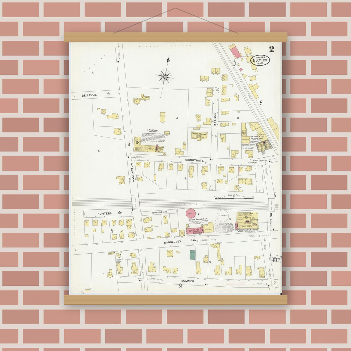 Old map wall art mockup — magnetic wood frame on brick wall — Sanborn Fire Insurance Map from Natick, Middlesex County, Massachusetts (1909), Sheet #0002