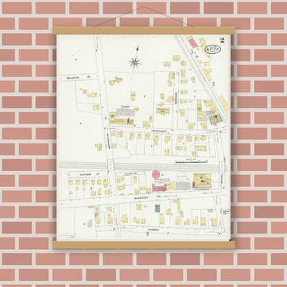 Old map wall art mockup — magnetic wood frame on brick wall — Sanborn Fire Insurance Map from Natick, Middlesex County, Massachusetts (1909), Sheet #0002