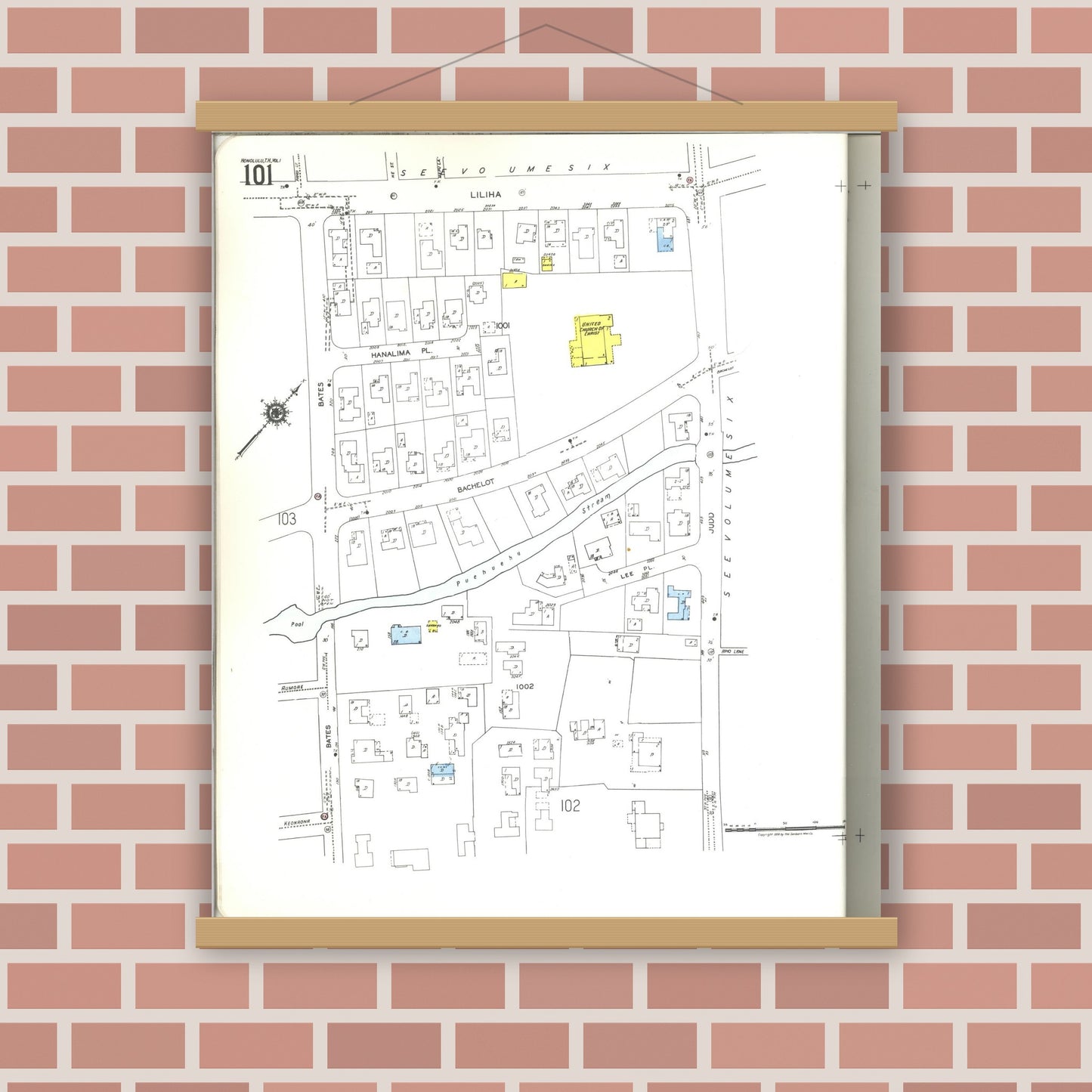Old map wall art mockup — magnetic wood frame on brick wall — Sanborn Fire Insurance Map from Honolulu, Oahu County, Hawaii (1955), Sheet #0101
