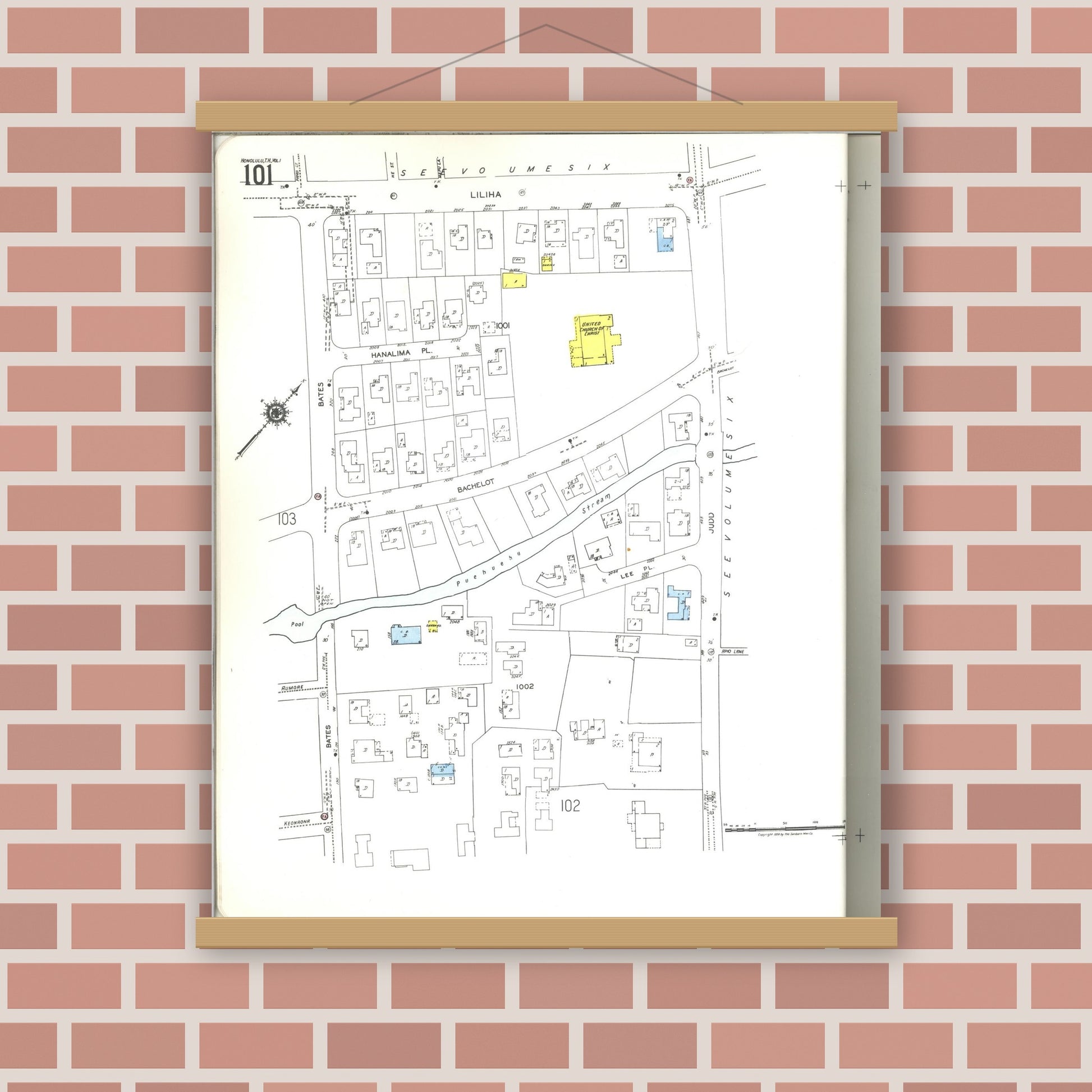 Old map wall art mockup — magnetic wood frame on brick wall — Sanborn Fire Insurance Map from Honolulu, Oahu County, Hawaii (1955), Sheet #0101