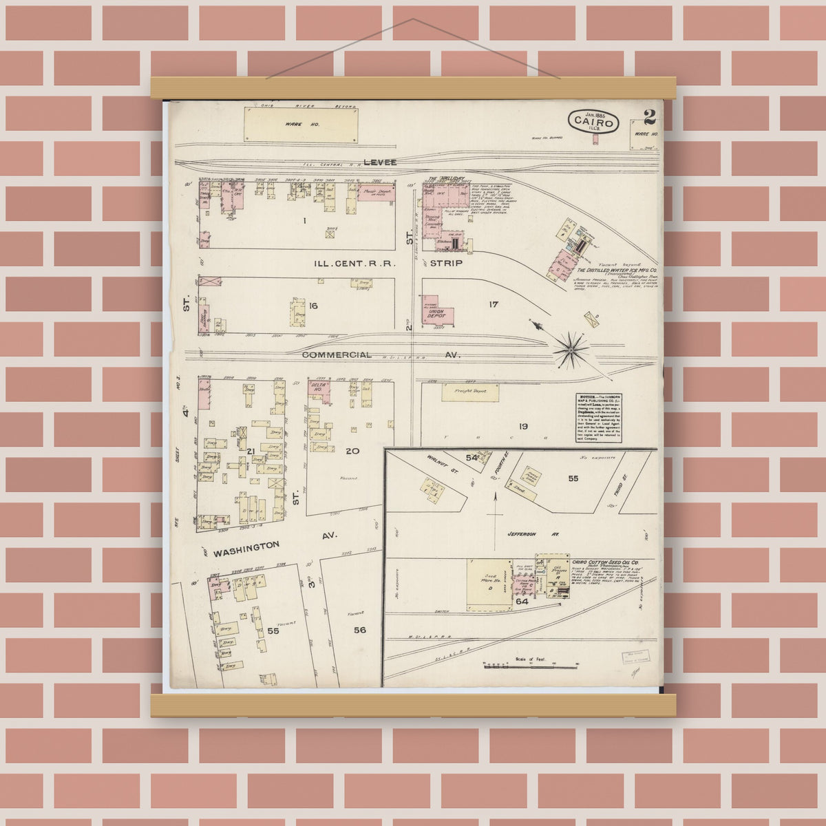 Old map wall art mockup — magnetic wood frame on brick wall — Sanborn Fire Insurance Map from Cairo, Alexander County, Illinois (1885), Sheet #0002