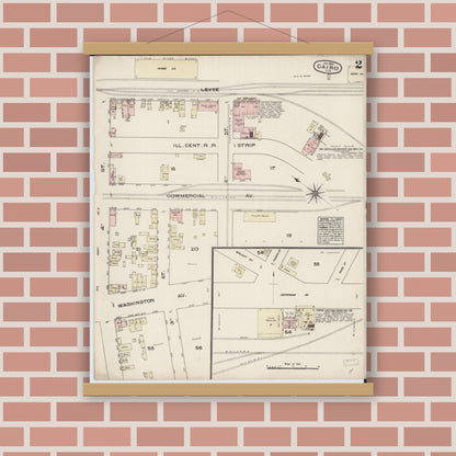 Old map wall art mockup — magnetic wood frame on brick wall — Sanborn Fire Insurance Map from Cairo, Alexander County, Illinois (1885), Sheet #0002