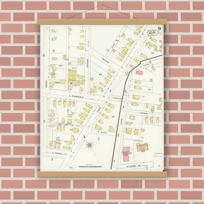 Old map wall art mockup — magnetic wood frame on brick wall — Sanborn Fire Insurance Map from Rome, Oneida County, New York (1904), Sheet #0009