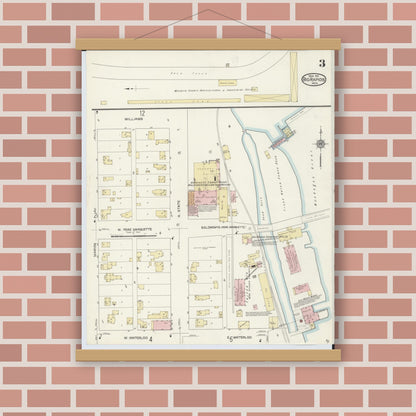 Old map wall art mockup — magnetic wood frame on brick wall — Sanborn Fire Insurance Map from Big Rapids, Mecosta County, Michigan (1914), Sheet #0003