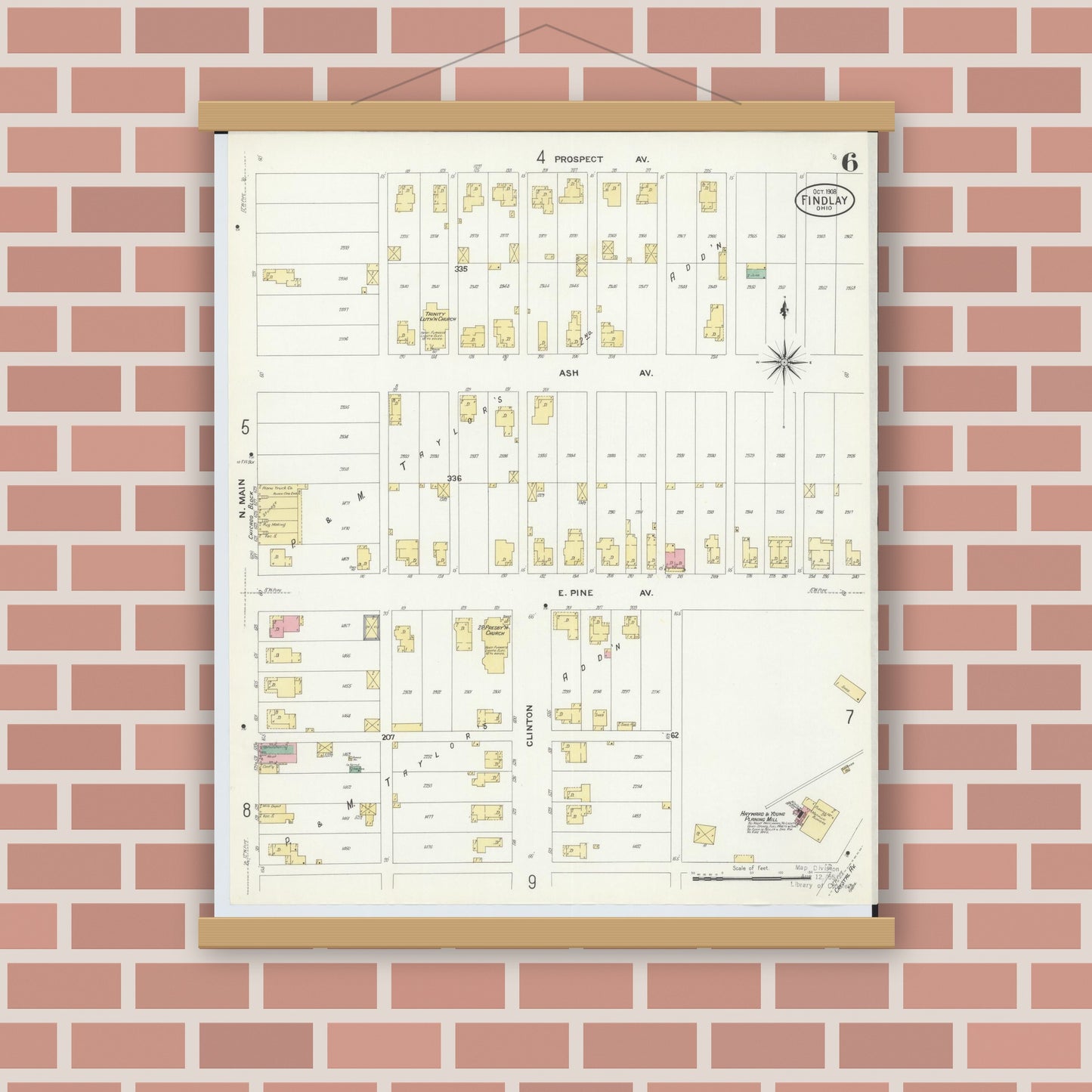 Old map wall art mockup — magnetic wood frame on brick wall — Sanborn Fire Insurance Map from Findlay, Hancock County, Ohio (1908), Sheet #0006