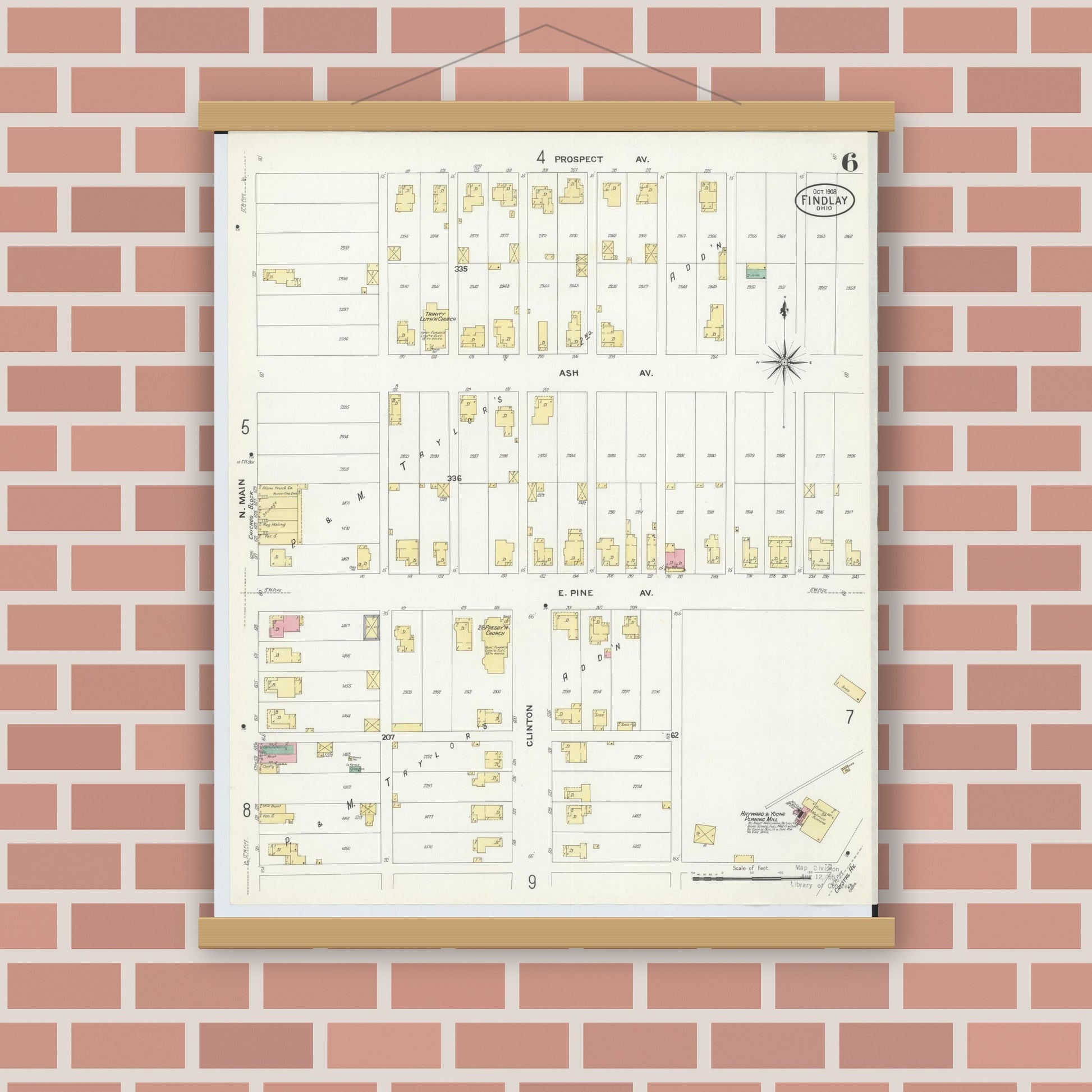 Old map wall art mockup — magnetic wood frame on brick wall — Sanborn Fire Insurance Map from Findlay, Hancock County, Ohio (1908), Sheet #0006