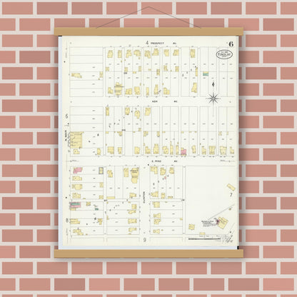Old map wall art mockup — magnetic wood frame on brick wall — Sanborn Fire Insurance Map from Findlay, Hancock County, Ohio (1908), Sheet #0006