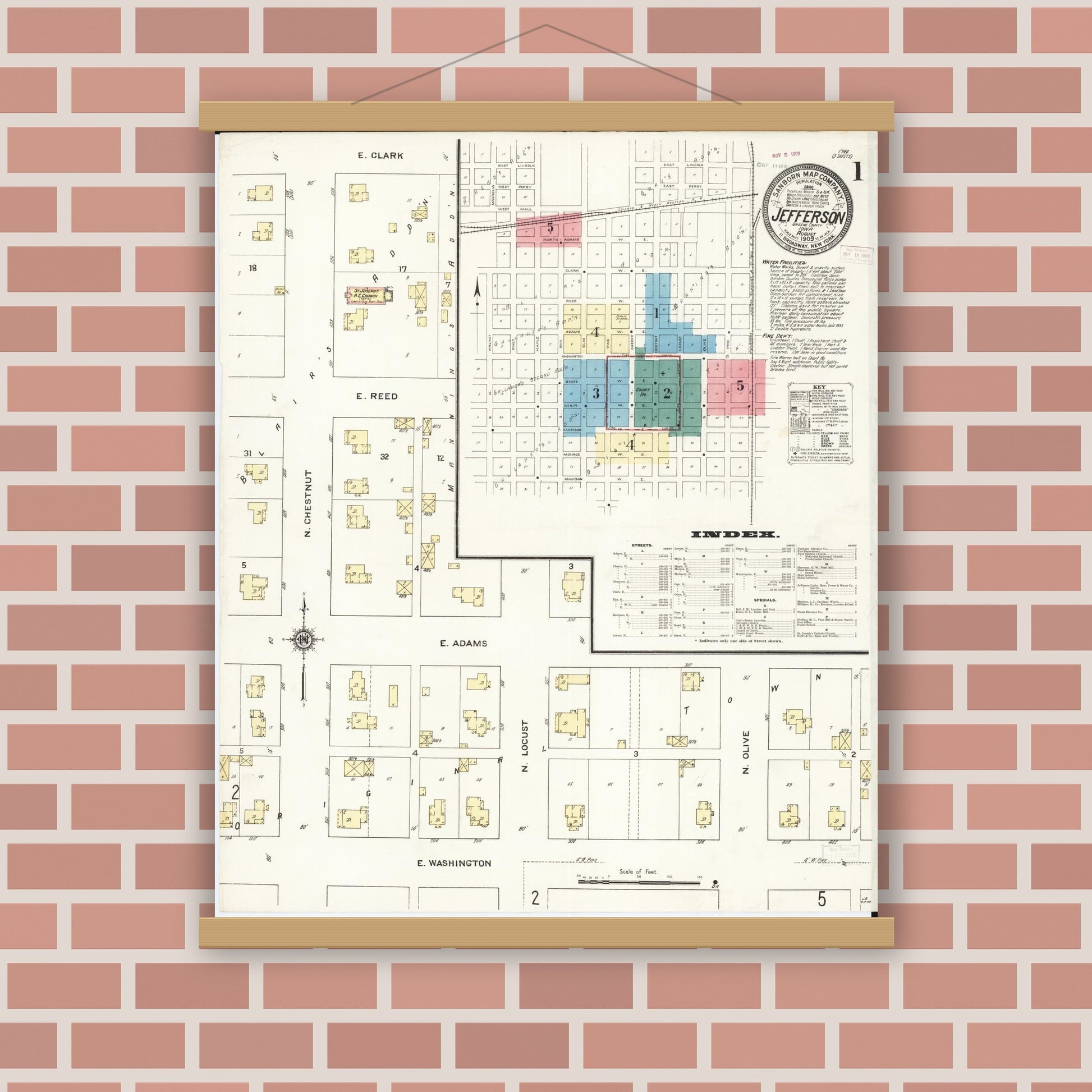 Old map wall art mockup — magnetic wood frame on brick wall — Sanborn Fire Insurance Map from Jefferson, Greene County, Iowa (1909), Sheet #0001