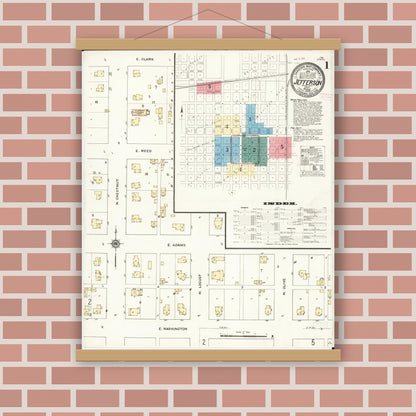 Old map wall art mockup — magnetic wood frame on brick wall — Sanborn Fire Insurance Map from Jefferson, Greene County, Iowa (1909), Sheet #0001