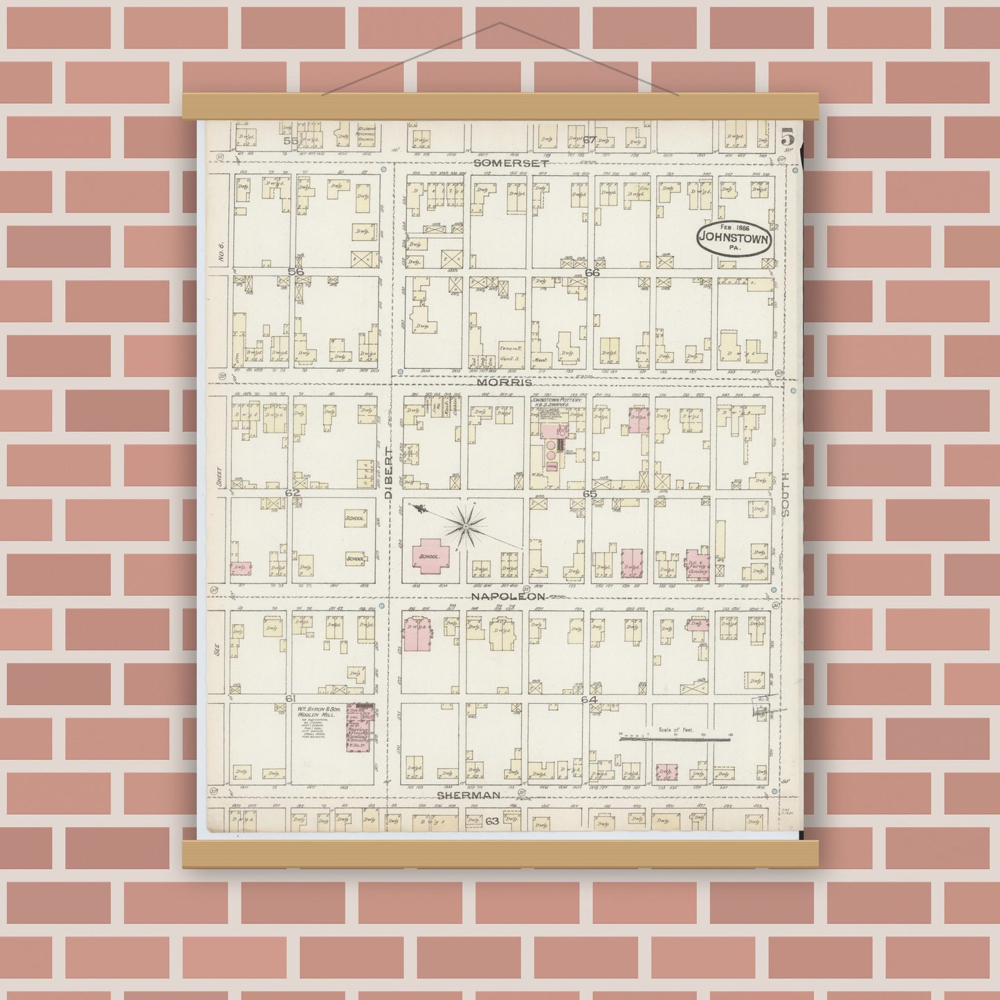 Old map wall art mockup — magnetic wood frame on brick wall — Sanborn Fire Insurance Map from Johnstown, Cambria County, Pennsylvania (1886), Sheet #0005